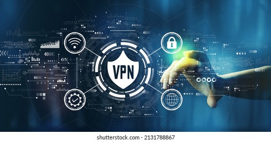 VPN concept with hand pressing a button on a technology screen