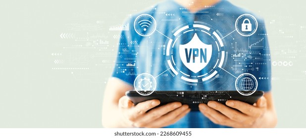 VPN concept with young man using a tablet computer