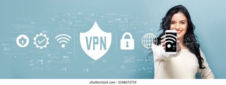VPN concept with young woman holding out a smartphone in her hand