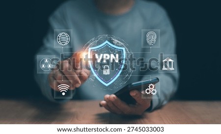 VPN cybersecurity and secure internet connection concept. Person using smartphone with virtual shield icon, encrypted data network, secure browsing, identity protection and global access control.