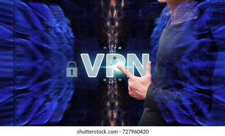 VPN Network security computer concept : Programmer touch VPN icon for protection the server in data center , abstract technology background