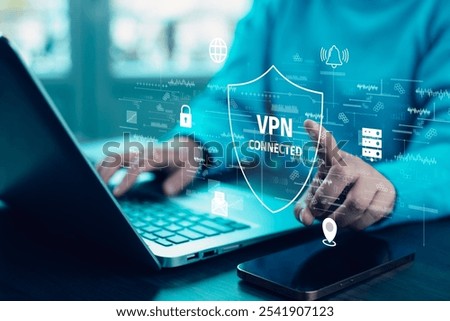 VPN network security internet privacy encryption concept,Programmer connecting to virtual private network, VPN, Data encryption, protection shield,security internet tunneling protocol concept. 