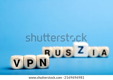 VPN in Russia. Safe and private Internet. Blocked sites. Letters VPN on bone cubes. letter Z. Space for text.
