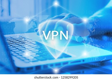 VPN secure access to Internet. Virtual Private network protocol. Cyber security and privacy connection technology. Anonymous access by user to web.