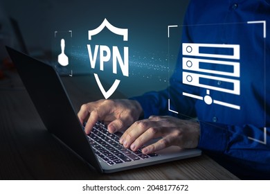 VPN secure connection concept. Person using Virtual Private Network technology on laptop computer to create encrypted tunnel to remote server on internet to protect data privacy or bypass censorship - Powered by Shutterstock - Get 15% off with code: PIKWIZARD15