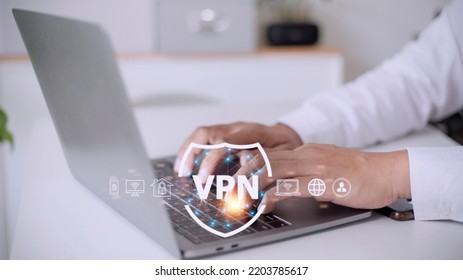 VPN secure connection concept. Person using Virtual Private Network technology to create encrypted tunnel to remote server on internet to protect data privacy or bypass censorship