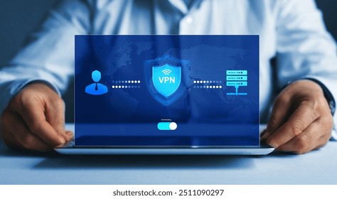  VPN secure connection. Remote server with private internet network technology to protect privacy of personal data. Virtual private network.
