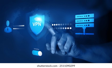  VPN secure connection. Remote server with private internet network technology to protect privacy of personal data. Virtual private network.
