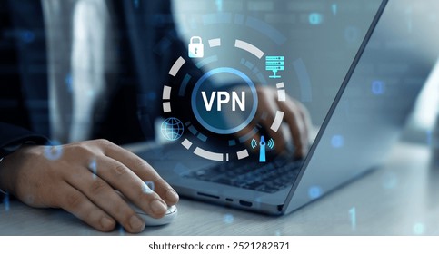 VPN secure connection technology. Remote server and private internet network to protect privacy personal data.