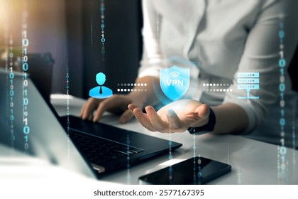 VPN secure connection.Remote server with private internet network technology to protect privacy of personal data.