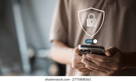 VPN security and data protection concept with smartphone and shield lock icon. Represents secure internet connection, privacy protection, encrypted network, and safe online browsing.