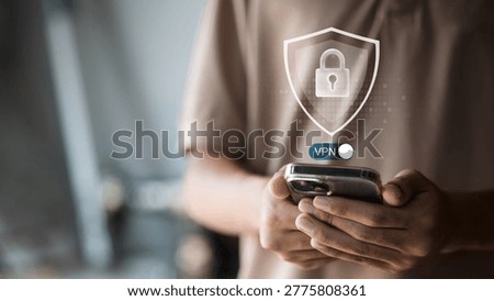VPN security and data protection concept with smartphone and shield lock icon. Represents secure internet connection, privacy protection, encrypted network, and safe online browsing.