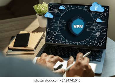 VPN Security Network with man using a laptop protection private network