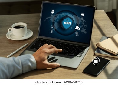 VPN Security Network with man using a laptop protection private network