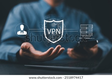 VPN server network security internet privacy encryption concept. Encrypted connection VPN (virtual private network). Man using smartphone with app web proxy over the Internet protocol. cybersecurity,