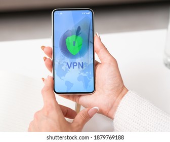 VPN Virtual Private Network App Opened On Smartphone In Woman's Hands, Unrecognizable Female Using Modern Application For Syber Security And Information Privacy, Creative Collage