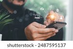 VPN Virtual private network concept. Man hand using Smartphone with vpn icon on VR screen. virtual private network channels a secure data connection between your local machine and another VPN server.