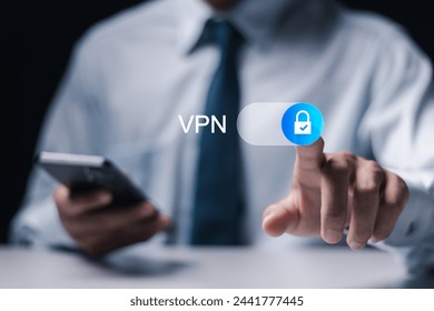 VPN Virtual private network concept. Internet security, encrypted connection for anonymous internet user. Person use smartphone with VPN connection on virtual screen. 
