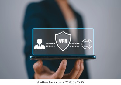 VPN Virtual private network concept. Businessman use smartphone with virtual screen of VPN connection. Internet security, encrypted connection for anonymous internet user.