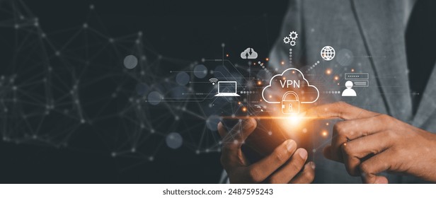 VPN Virtual private network concept. Man hand using Smartphone with vpn icon on VR screen. virtual private network channels a secure data connection between your local machine and another VPN server.