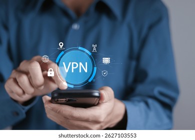 VPN virtual private network concept. Data protection and security, privacy and VPN technology. Encrypted connection for anonymous internet user. Person using smartphone with VPN icons.