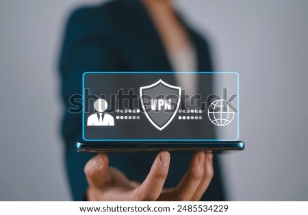 VPN Virtual private network concept. Businessman use smartphone with virtual screen of VPN connection. Internet security, encrypted connection for anonymous internet user.
