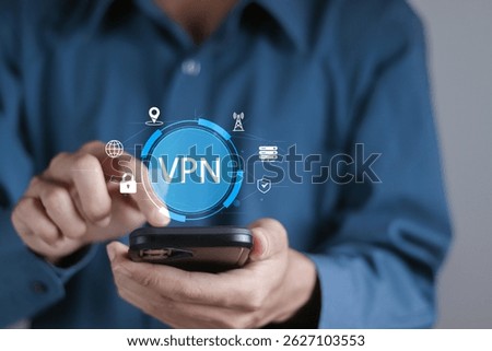 VPN virtual private network concept. Data protection and security, privacy and VPN technology. Encrypted connection for anonymous internet user. Person using smartphone with VPN icons.