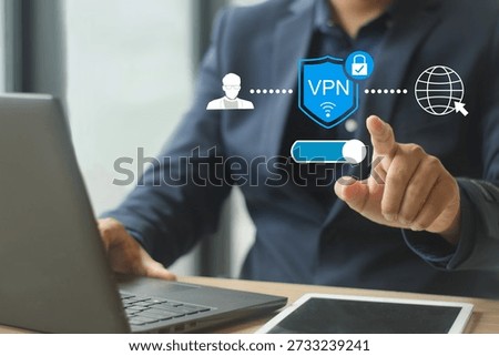 VPN (Virtual Private Network) data protection and online privacy technology connects securely on public networks, protecting from malicious attacks when using public Wi-Fi. cybersecurity concept