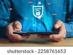 VPN Virtual Private network protocol concept, Man hand using Smartphone with vpn icon on VR screen.