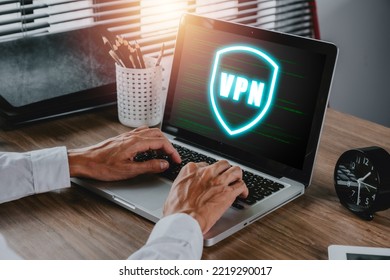 VPN Virtual Private network protocol concept, Man hand typing on keyboard computer with vpn icon on VR screen.