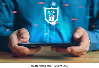 VPN Virtual Private network protocol concept, Man hand using Smartphone with vpn icon on VR screen.