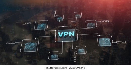 VPN Virtual Private network protocol. Business, Technology, Internet. Cyber security and privacy connection on city background.