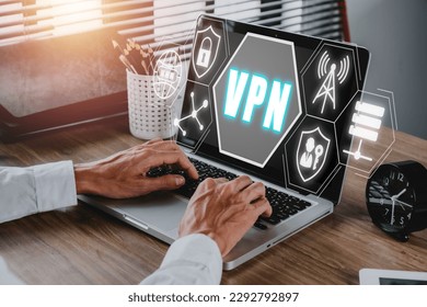 VPN Virtual Private network protocol concept, Man hand typing on keyboard computer with vpn icon on VR screen.