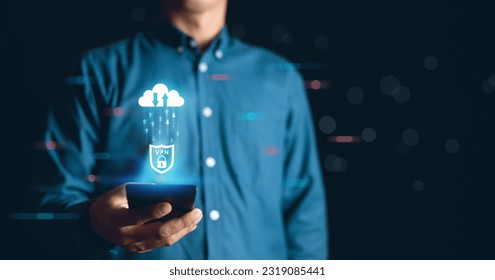 VPN Virtual Private network protocol concept, Man hand using Smartphone with vpn icon on VR screen. Cloud VPN Concept