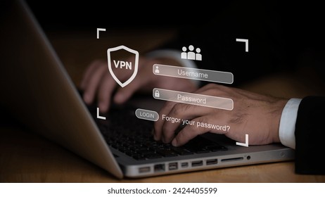 VPN Virtual Private network protocol concept, Person use laptop with virtualscreen of VPN icon for connect to VPN network.