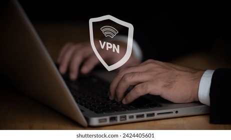VPN Virtual Private network protocol concept, Person use laptop with virtualscreen of VPN icon for connect to VPN network.