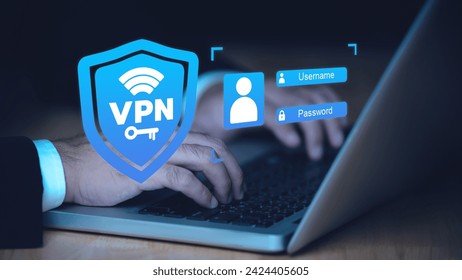 VPN Virtual Private network protocol concept, Person use laptop with virtualscreen of VPN icon for connect to VPN network.