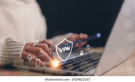 VPN Virtual Private network protocol concept, Women use a laptop with a futuristic virtual interface screen of a VPN icon to connect to the VPN network.