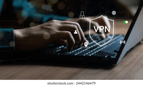 VPN Virtual Private network protocol concept, Man hand typing on keyboard computer with vpn icon on VR screen. VPN concept.