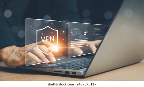 VPN Virtual Private network protocol concept, Man hand typing on keyboard computer with vpn icon on VR screen. VPN concept.