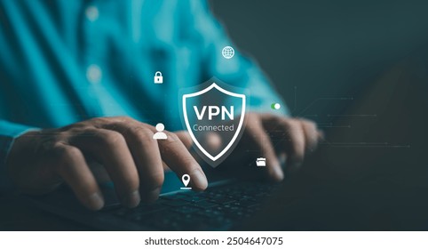 VPN Virtual Private network protocol concept, Man hand typing on keyboard computer with VPN icon on virtual screen. VPN concept. Cybersecurity, internet secure, online system network.