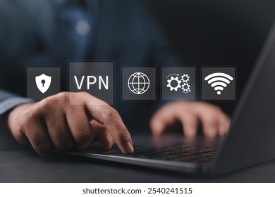 VPN, Virtual private network protocol concept. Person use laptop with VPN icon on virtual screen for connect to VPN network.