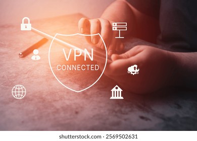 VPN Virtual Private Network protocol concept. Woman use digital tablet with vpn icon on hologram interface. VPN concept.