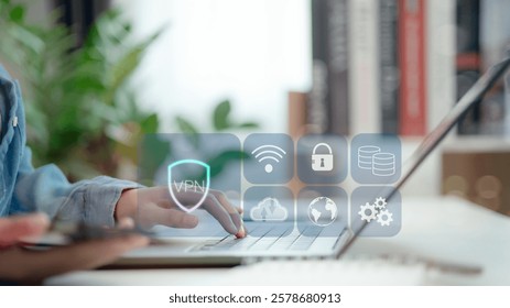 VPN Virtual Private Network protocol concept, Businessmen with VPN icon on VR screen. VPN concept. Cyber security and privacy connection technology