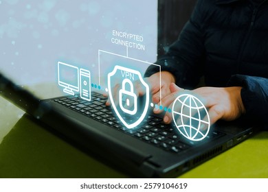 VPN Virtual Private network protocol concept, Woman hand typing on keyboard computer with vpn icon on VR screen. VPN concept.