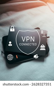 VPN Virtual Private network protocol concept. Laptop with VPN interface. Online system network.