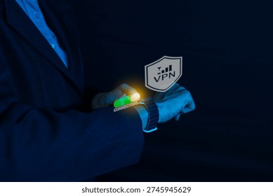 VPN, Virtual Private Network Protocol technology, Businesswoman connecting a private and secure connection over public Internet by smart watch for security, Encrypted connection.