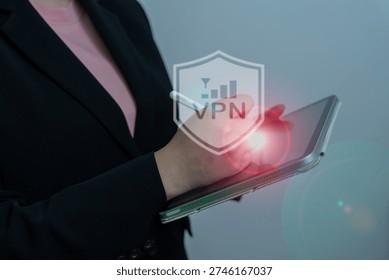 VPN, Virtual Private Network Protocol technology, Businesswoman connecting a private and secure connection over public Internet by digital tablet for security, Encrypted connection.
