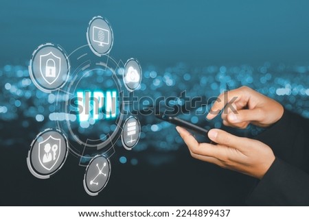 VPN, Virtual Private network protocol concept, Woman hand using smart phone with vpn icon on VR screen.