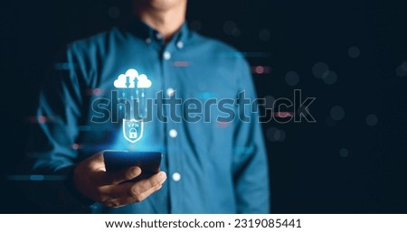 VPN Virtual Private network protocol concept, Man hand using Smartphone with vpn icon on VR screen. Cloud VPN Concept

